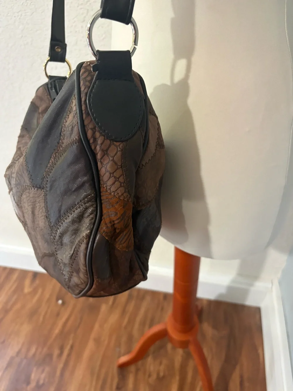 Vintage 70s Leather Patchwork Shoulder Bag Boho Multi Textured Earth Tone Purse
